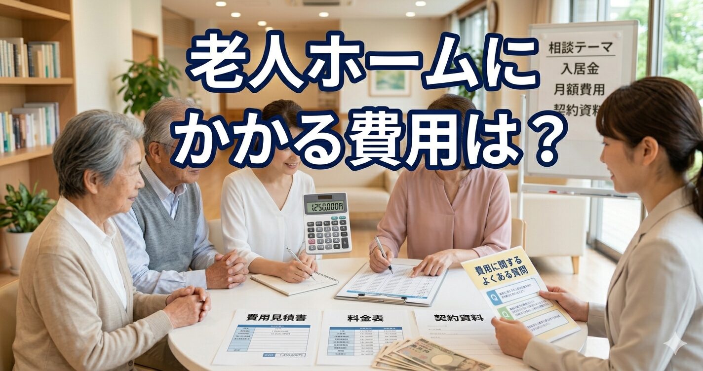 横1200px × 縦630pxのブログ用アイキャッチ画像。 テーマは「老人ホームにかかる費用は？」。 明るく清潔感のある相談室で、高齢の親と50〜60代の家族が、老人ホームの費用資料・見積書・パンフレットを見ながら相談しているシーン。テーブルの上には電卓、書類、パンフレット、メモ帳を自然に配置する。相談員がやさしく説明している雰囲気で、安心感・信頼感・費用相談のイメージが伝わる構図にする。 画像内に以下の文字を大きく、はっきり読みやすく入れる。 「老人ホームにかかる費用は？」 文字は日本語として正確に表示し、文字化けさせない。余計な文字は入れない。実写に近い自然な雰囲気。柔らかい光、清潔感のある室内、温かみのある色合い。サムネイルでも文字が読めるように、背景と文字のコントラストを強める。